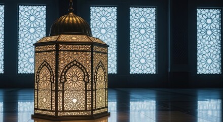 Ornate moroccan lantern illuminated against geometric window patterns