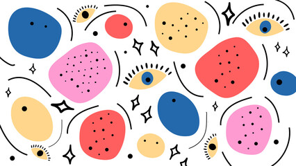 Abstract Doodle Eyes and Colorful Blobs Background