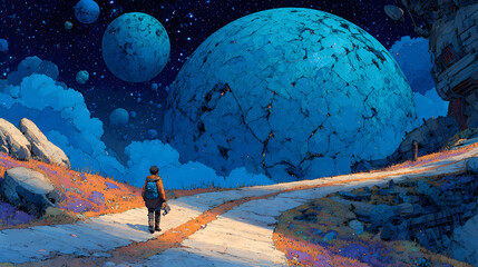 A lone traveler walks along a path toward a massive floating cracked planet surrounded by vibrant colors and smaller celestial bodies, digital art style, illustration painting