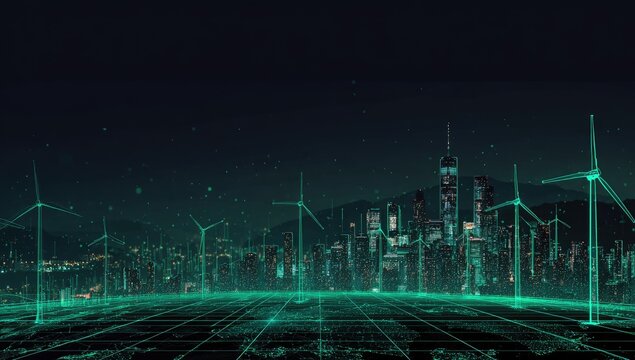 Futuristic city skyline at night with wind turbines and digital overlay
