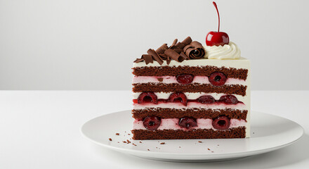 A tall slice of Black Forest cake with layers of chocolate sponge, whipped cream, and cherries soaked in Kirsch. Decorated with chocolate shavings and a fresh cherry on top.