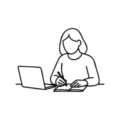 Woman taking notes at workspace with laptop