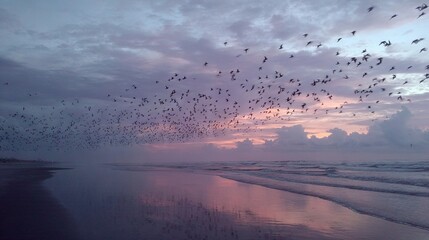 A flock of birds flying over a beach beside the ocean during a purple and blue sunset