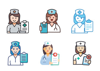 6 set icon Diverse Cartoon Nurse Collection with Clipboards and Hats Indicating Healthcare Profession