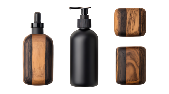 Luxury Wooden and Matte Black Cosmetic Packaging Set – Skincare Bottles and Soap Container Mockup. Isolated on transparent background. high resolution PNG file