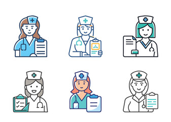 6 set icon Illustrations depicting different nurses wearing scrubs and caps holding clipboards