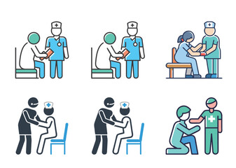 6 set icon Illustrations depicting doctors or nurses examining patients in different medical scenarios