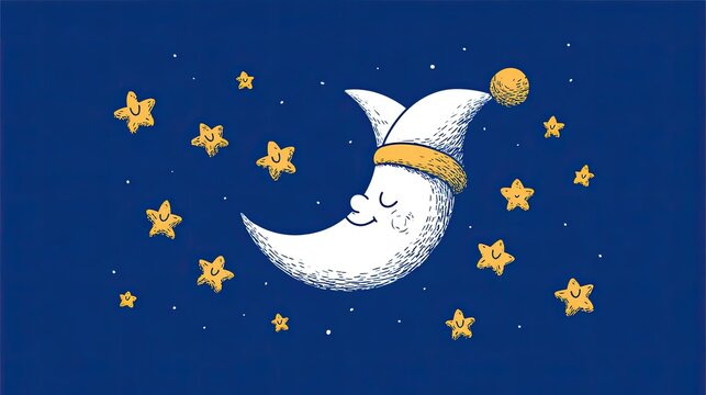 Cute crescent moon sleeping under stars