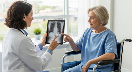 Obraz premium Female Doctor Discussing Chest X-Ray Results with Elderly Female Patient in Wheelchair During Medical Consultation in Bright Clinic Room