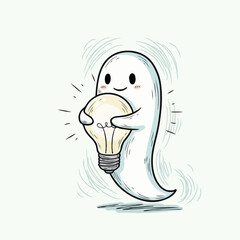 A cute ghost holding a lightbulb with a bright new idea concept
