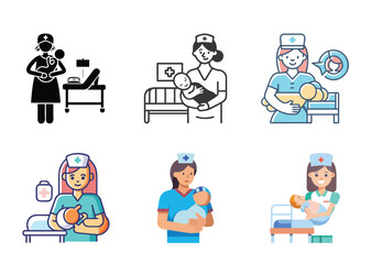 6 set icon Varied depictions of nurses holding newborn babies in a hospital setting