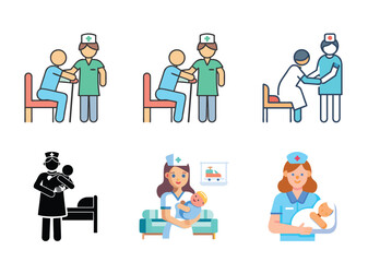 6 set icon Various Nursing Scenarios Illustrating Patient Care and Newborn Handling in Different Styles