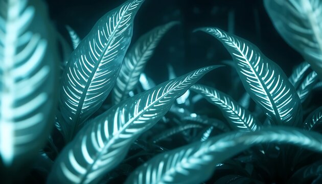 Vibrant blue neon glowing tropical fern plant leaves