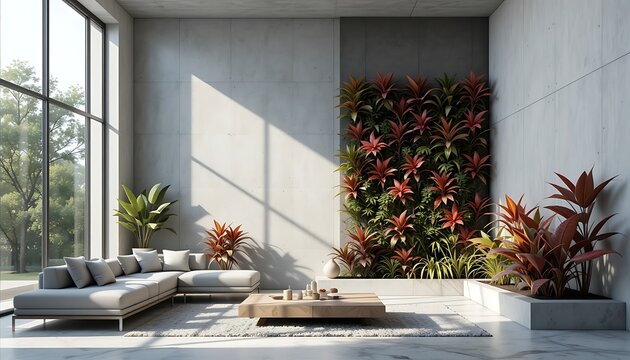 Sunlit modern living room with vertical garden wall - Powered by Adobe
