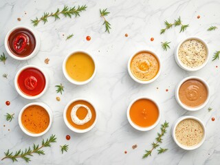 Delicious sauces in small white bowls arranged on a bright marble surface with fresh rosemary and spices.