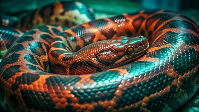 python grouped to jump ready to attack. dangerous reptile. smooth skin and beautiful texture of the python shows the grandeur and mystery of this reptile