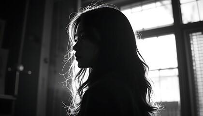 Woman in silhouette contemplates quietly by window light