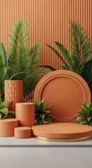 Terracotta pedestals and lush greenery against textured orange wall