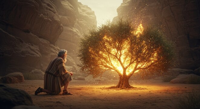 Moses kneels before a luminous, fiery tree in a desert canyon, spiritual encounter.