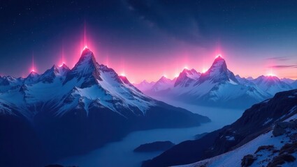 Obraz premium Majestic snow capped peaks glowing pink mountains pink light