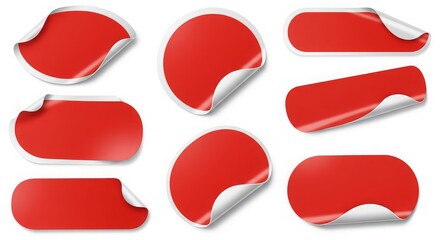 Collection of various red blank stickers with peeling edges showcasing different shapes and sizes for labels and promotions