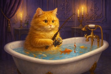 Orange fluffy cat holding a fishing rod in a vintage bathtub full of goldfish, painted style, with candlelit purple room in the background, concept of whimsical animal fantasy scene