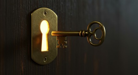 Brass key almost fully in glowing keyhole on dark wood