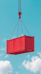 A shipping container being lifted by a crane hook against a bright blue sky with some scattered white clouds.