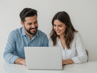 Smiling man and woman collaborate happily on a laptop computer together