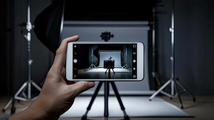 A hand holds a phone, showing a camera setup in a studio environment while focused on lighting and composition practices