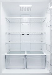 Fototapeta premium An interior shot of a spotless, empty white refrigerator with its wire shelves and clear bins