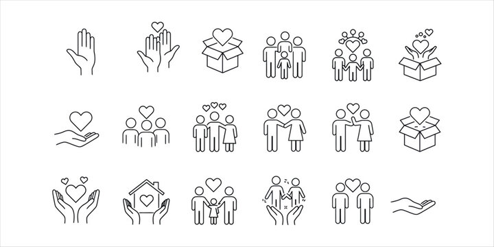 Naklejki Collection of line art icons representing charity care and family love heart