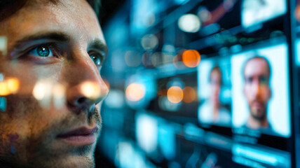 Facial Recognition Interface with Biometric Data in Futuristic Cyber Surveillance Grid
