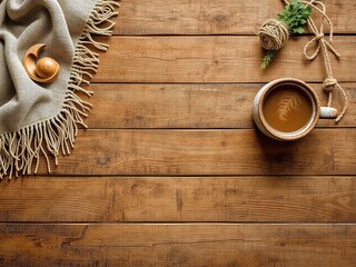 Rustic wooden surface showcasing a warm beverage, a cozy textured blanket, and natural elements for a comforting atmosphere.