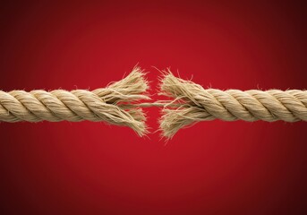 Fraying rope close to breaking point against a red background