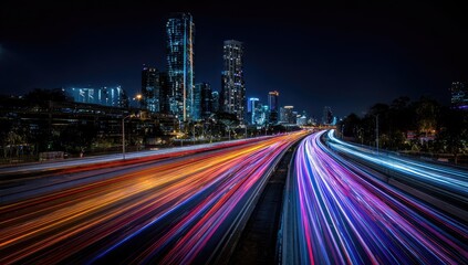 Fototapeta premium Night cityscape with blurred car lights on a highway