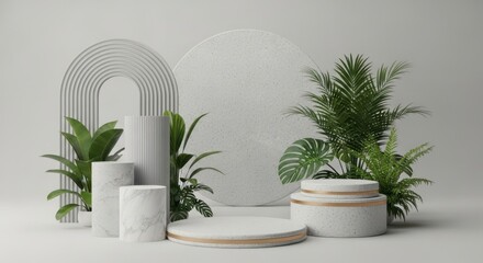 Modern pedestal display with plants and geometric arch accent