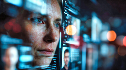 Facial Recognition Interface with Biometric Data in Futuristic Cyber Surveillance Grid
