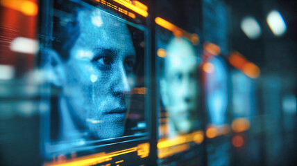 Facial Recognition Interface with Biometric Data in Futuristic Cyber Surveillance Grid
