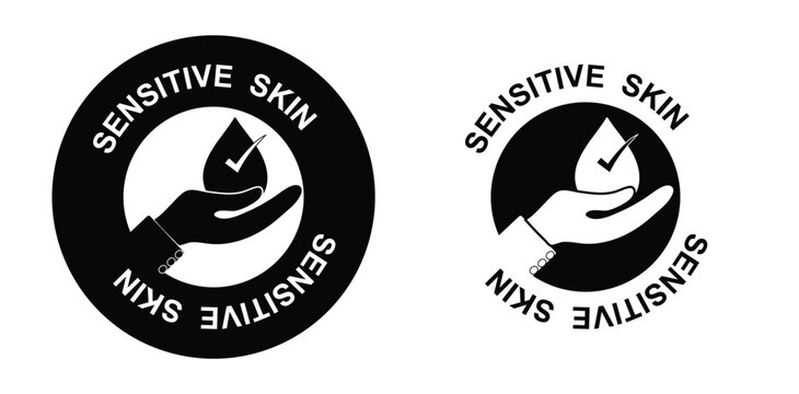Black & White Sensitive Skin Approved Icon – Hand Holding Water Drop with Checkmark Badge for Skincare Labels