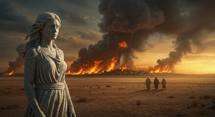 Stone statue of a woman facing away from a burning city with three figures walking