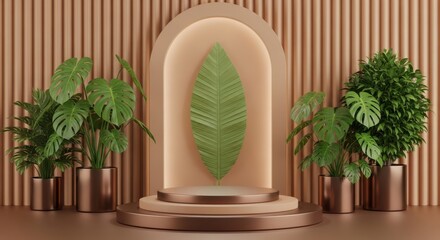 Modern minimalist stage with plants and arched backdrop