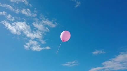 Obraz premium Pink balloon floats in blue sky, white clouds appear behind