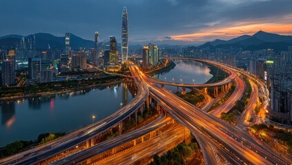 Aerial view of a modern city's highway interchange at twilight