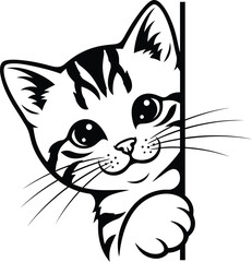 Obraz premium A cartoon cat with stripes on its head is peeking from behind a white wall with a paw showing too