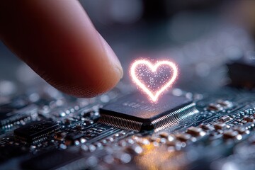 Finger touching a glowing heart over a circuit board
