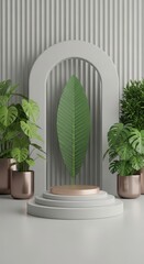 Modern minimalist stage with plants and large green leaf accent