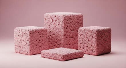 Four textured pink geometric blocks arranged on a soft pink background