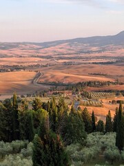 Sunset ovet landscape in Tuscany, Italy, clode to the city Pienza
