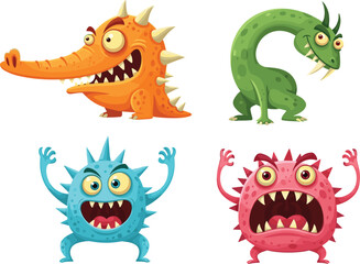 Obraz premium Cartoon monster vector set—four colorful fantasy creatures with spikes, fangs, and playful expressions for kids’ stickers and digital illustrations